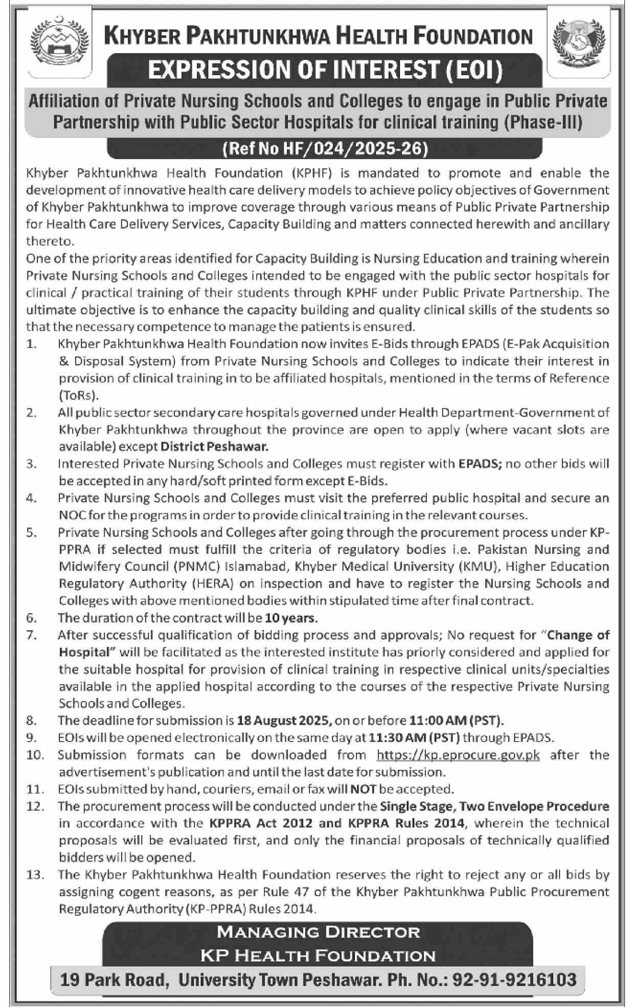 Khyber Pakhtunkhwa Health Foundation Peshawar Tender Notice